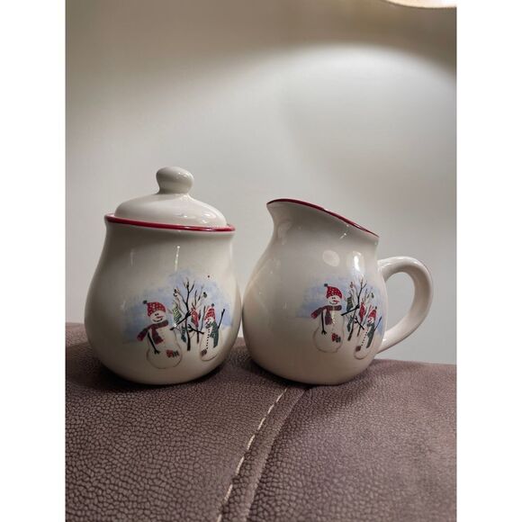 Royal Seasons Christmas Snowman Stoneware Creamer and Sugar bowl with lid. - Picture 1 of 8